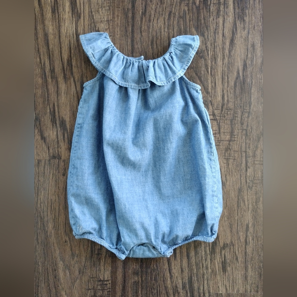 Ralph Lauren Sleeveless Ruffle Collar Chambray 9 Month Romper